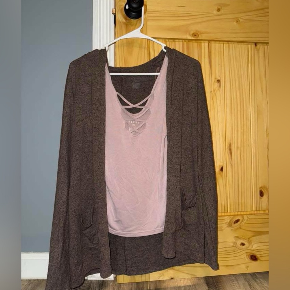 American Eagle Outfitters Brown Cardigan with Pink Top